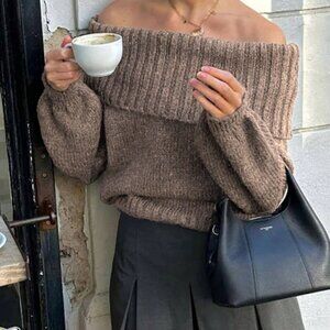 Khaki Casual Women's Solid Color Off-Shoulder Long Sleeve Minimalist Sweater